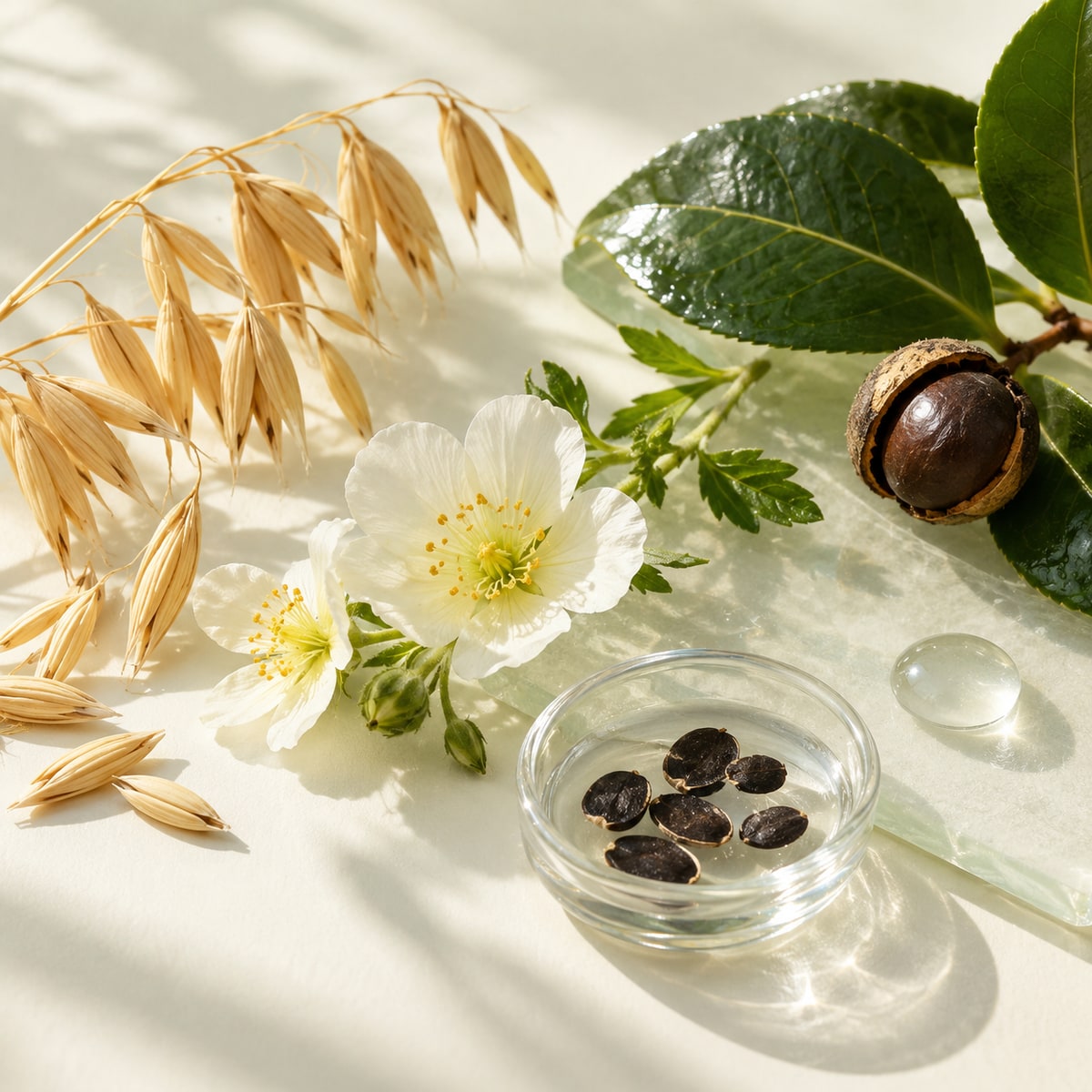 Editorial still life of oats, meadowfoam, camellia and clear water