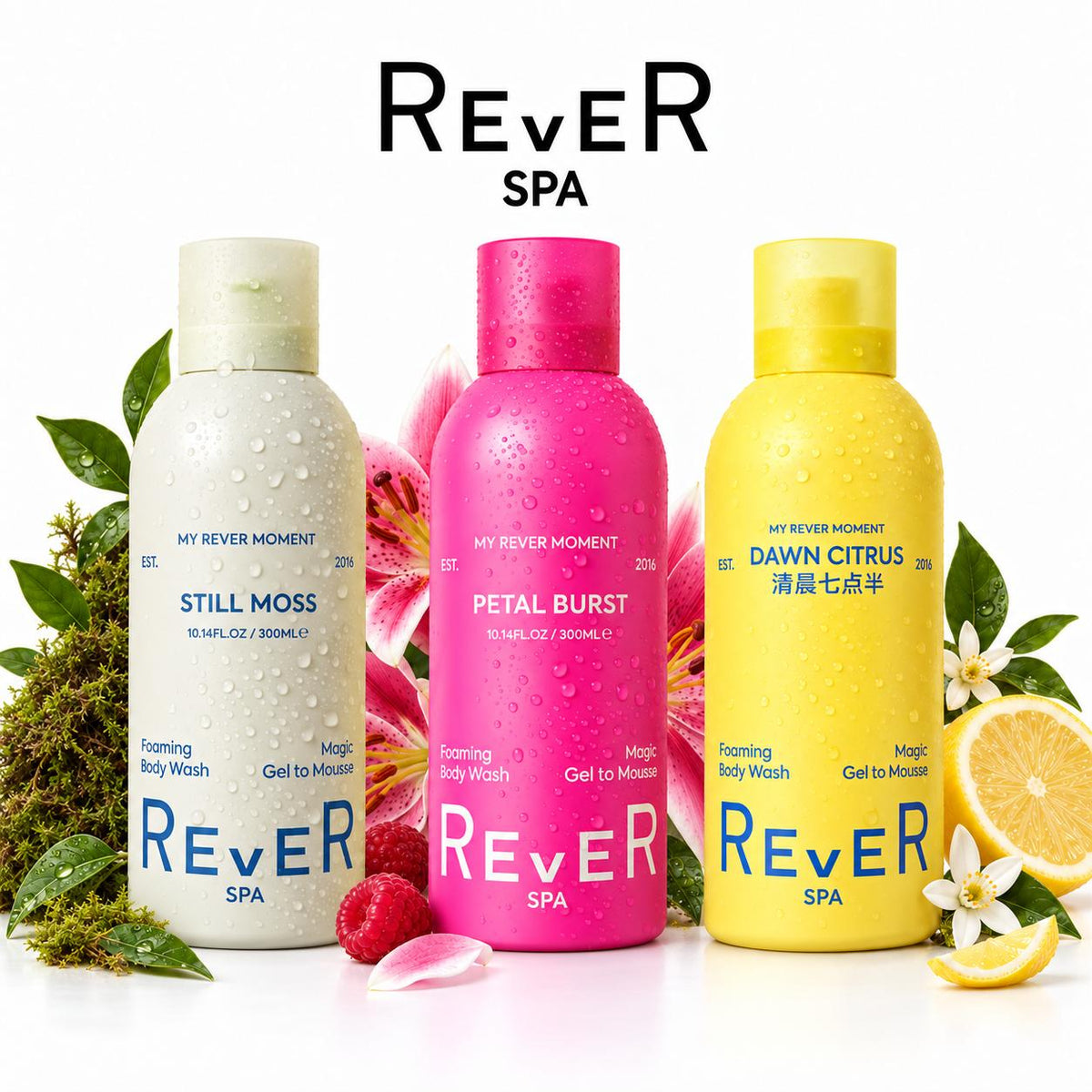 REVER Petal Burst, Still Moss and Dawn Citrus foaming body washes