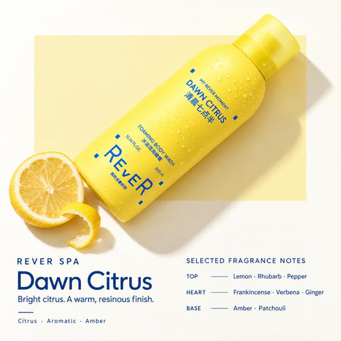 REVER Dawn Citrus Foaming Body Wash, 300 mL, with citrus fragrance notes